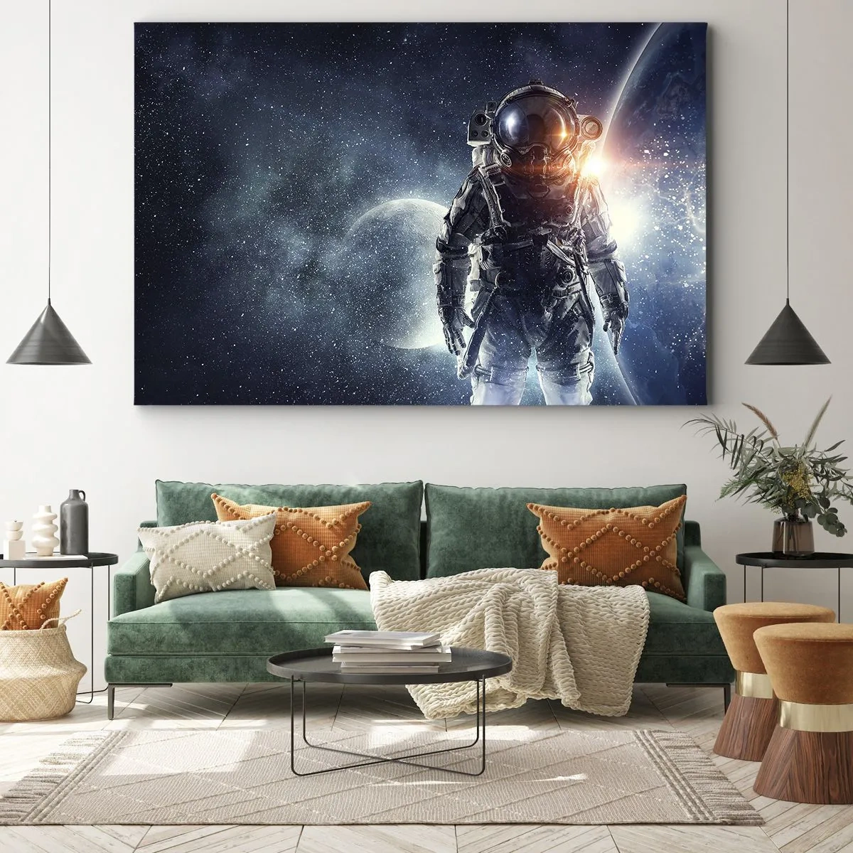 Quadro em tela - Astronauta tendo como pano de fundo o espaço e o planeta Terra - 70x50cm - Aventura espacial - Decoração de parede moderna para a sala de estar e quarto ARTTOR