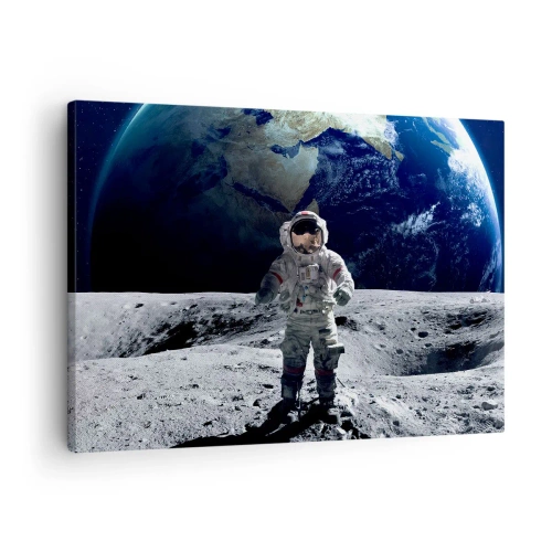 Quadro em tela - Astronauta na superfície da Lua com a Terra ao fundo - 70x50cm - Saudações da Lua - Decoração de parede moderna para a sala de estar e quarto ARTTOR