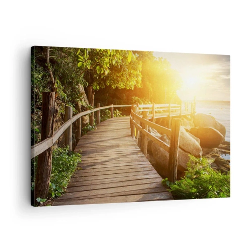 Quadro em tela - Uma ponte de madeira entre a vegetação que conduz ao mar sob os raios do sol - 70x50cm - Mais uma curva, mais milagres - Decoração de parede moderna para a sala de estar e quarto ARTTOR