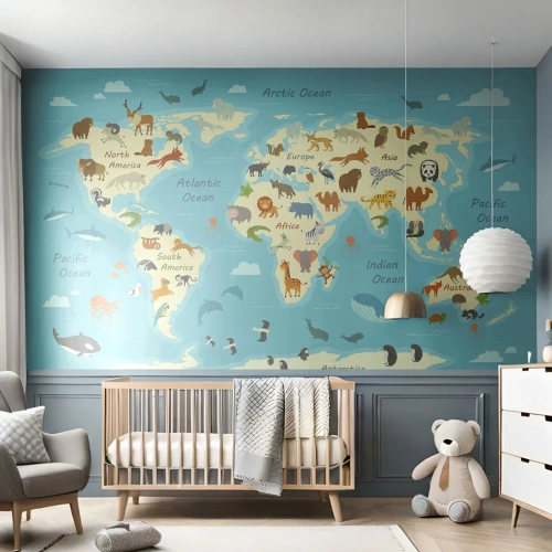 Papel de Parede Standard Eco - Bons vizinhos - Mapa mundial, Mapa com animais, Animais - 300x210 cm