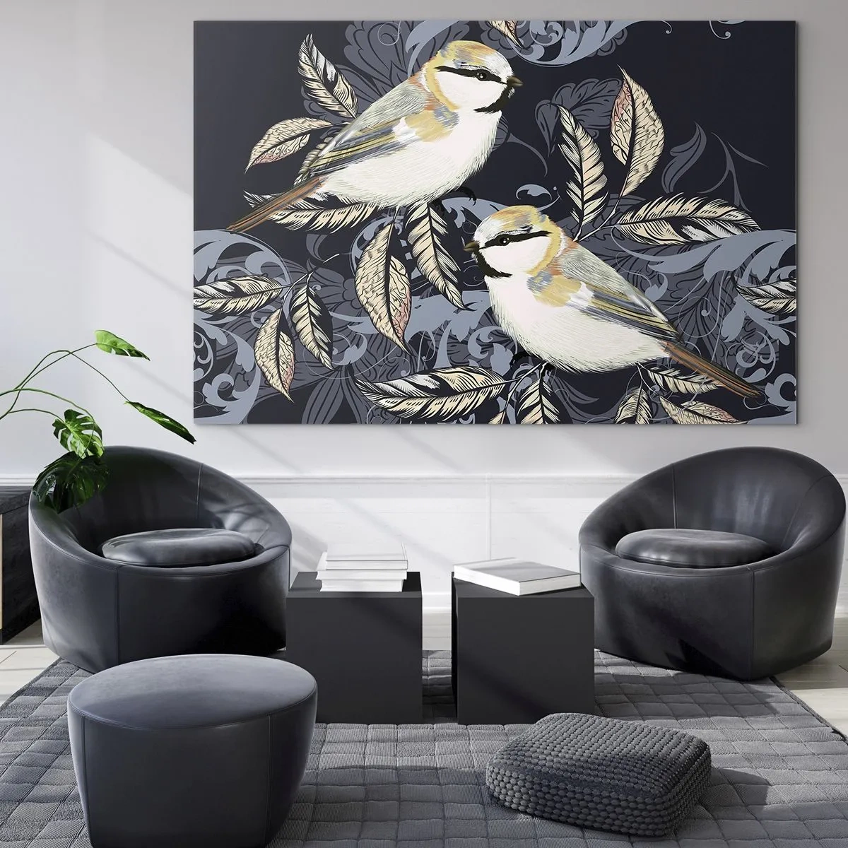 Quadro em vidro - Ilustração de dois pássaros em um fundo escuro com enfeites - 70x50cm - Canto amarelo-azul - Decoração de parede moderna para a sala de estar e quarto ARTTOR