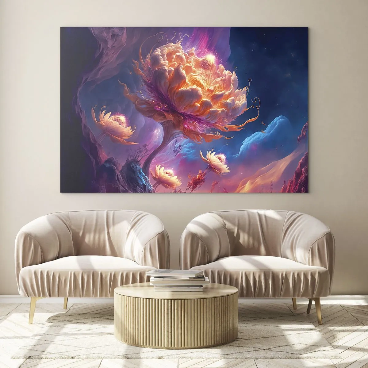 Quadro em vidro - Uma flor fantástica flutuando em um cenário cósmico - 70x50cm - Outro mundo - Decoração de parede moderna para a sala de estar e quarto ARTTOR