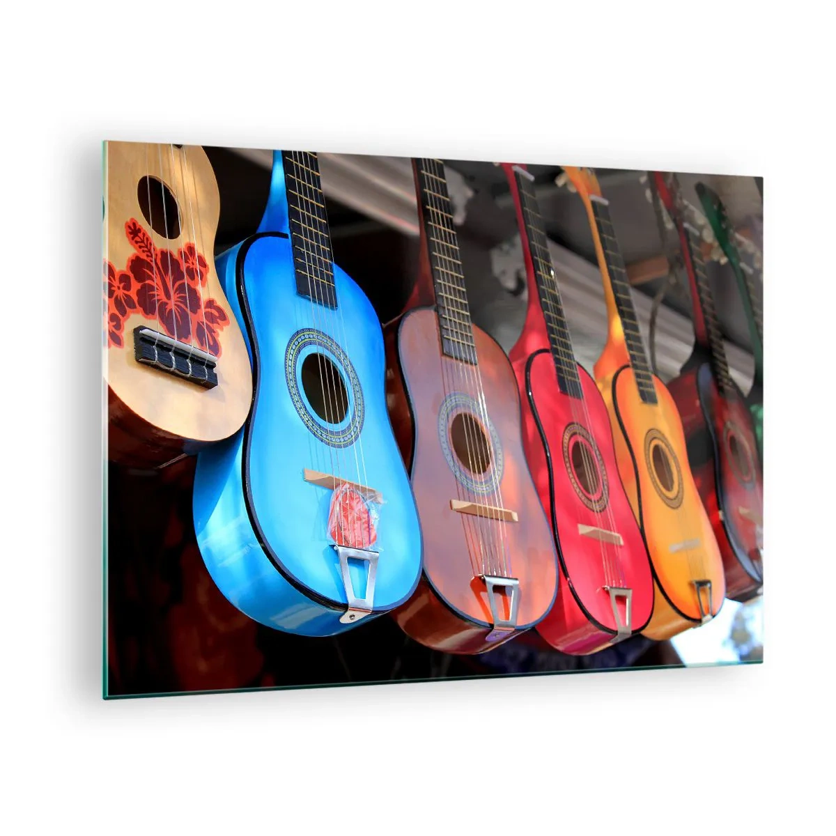 Quadro em vidro - Guitarras coloridas penduradas em uma fileira em exposição - 70x50cm - Vibrações latinas - Decoração de parede moderna para a sala de estar e quarto ARTTOR