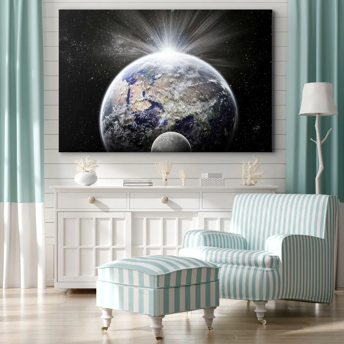 Quadro em tela - Terra e Lua iluminadas pelo brilho do espaço - 70x50cm - Em pleno esplendor - Decoração de parede moderna para a sala de estar e quarto ARTTOR