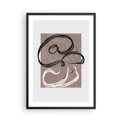 Pôster com moldura preta - Composição abstrata com pinceladas dinâmicas em preto e branco sobre fundo marrom. - 50x70cm - Composição – a busca pela plenitude - Decoração de parede moderna para a sala de estar e quarto ARTTOR