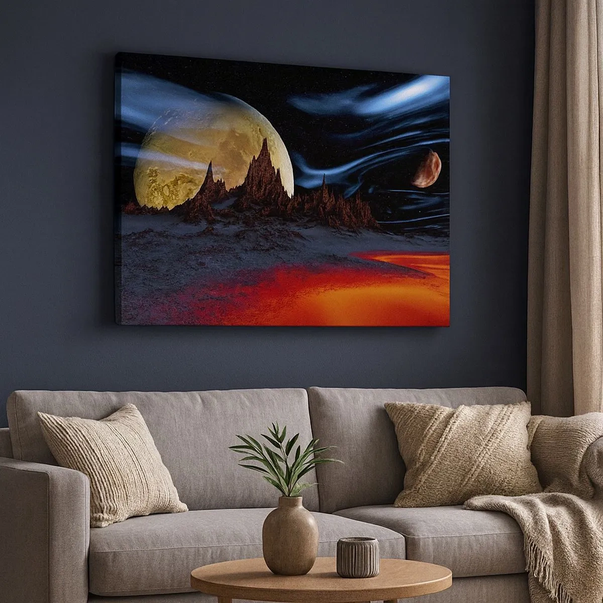 Quadro em tela - Uma paisagem fantástica com planetas e paisagens vulcânicas - 70x50cm - Mundo desconhecido - Decoração de parede moderna para a sala de estar e quarto ARTTOR