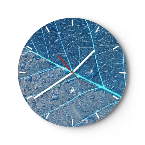 Relógio de parede - Relógio em vidro - Estrutura foliar em tons de azul e cinza - 30x30cm - A vida em azul - Decoração de parede moderna para a sala de estar, cozinha e quarto ARTTOR
