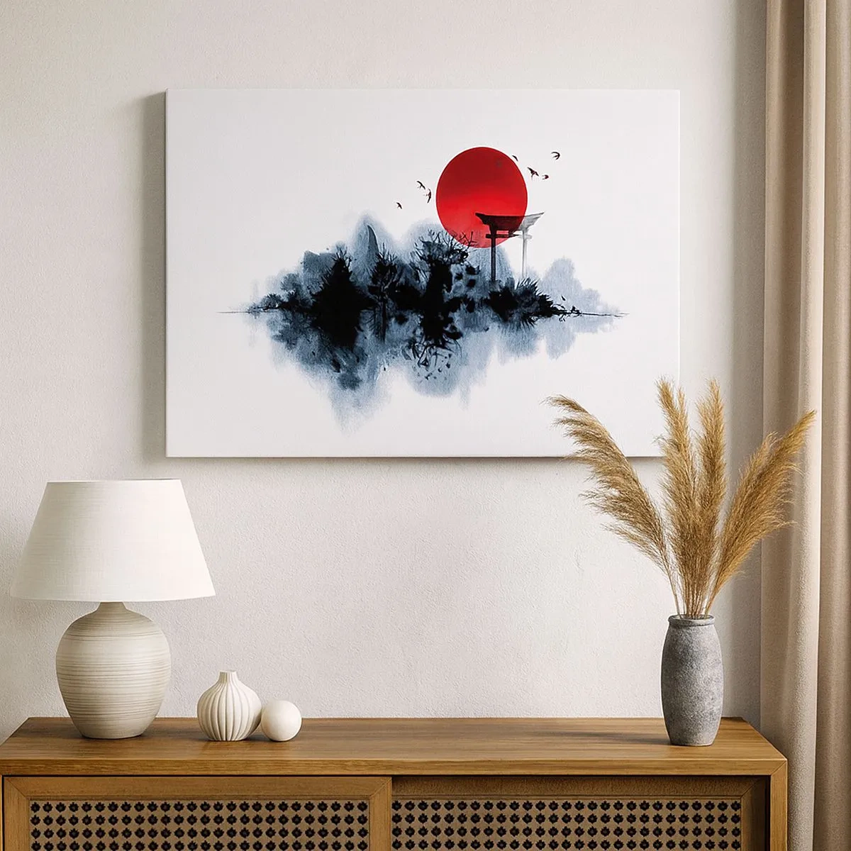 Quadro em tela - Sol vermelho sobre uma paisagem pitoresca com torii - 70x50cm - Vista japonesa - Decoração de parede moderna para a sala de estar e quarto ARTTOR