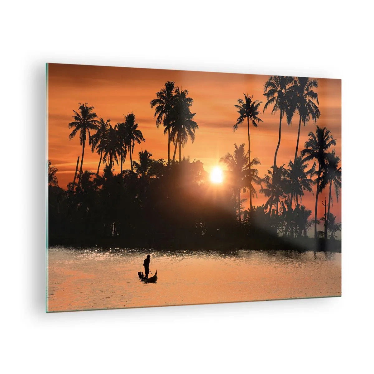 Quadro em vidro - Paisagem tropical com palmeiras e pôr do sol sobre o rio - 70x50cm - Hora do descanso - Decoração de parede moderna para a sala de estar e quarto ARTTOR