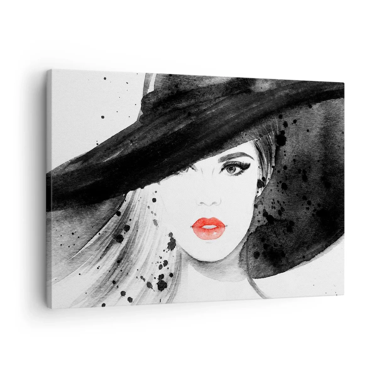 Quadro em tela - Retrato de uma mulher de chapéu com lábios vermelhos - 70x50cm - Dama de Preto - Decoração de parede moderna para a sala de estar e quarto ARTTOR