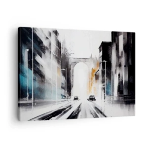 Quadro em tela - Panorama abstrato da cidade com uma ponte em arco - 70x50cm - Estudo da cidade: arquitetura e movimento - Decoração de parede moderna para a sala de estar e quarto ARTTOR
