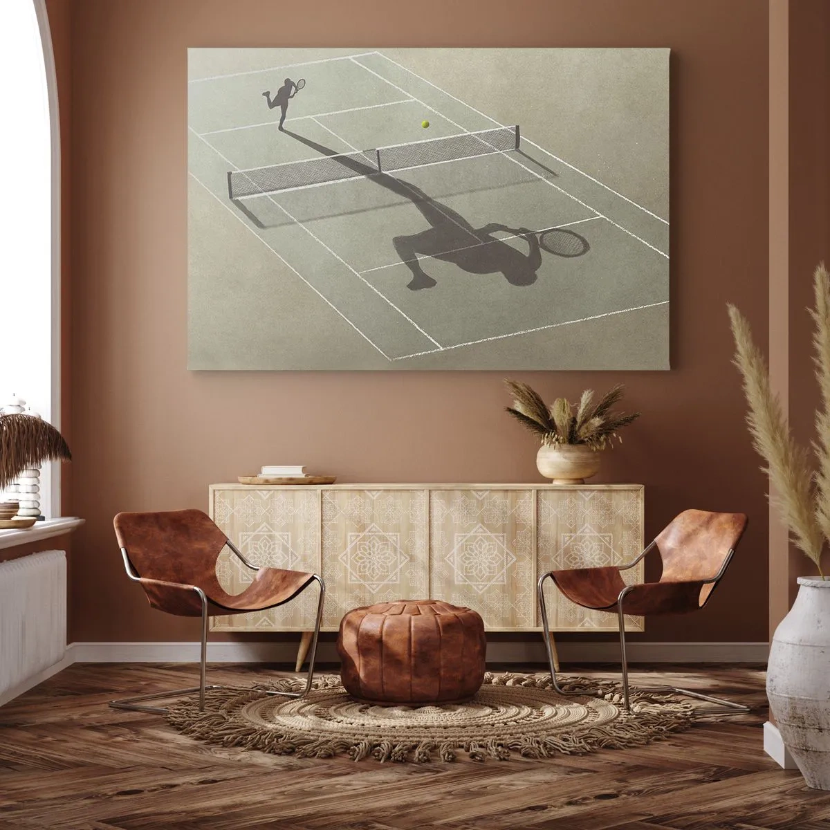 Quadro em tela - sombra de um jogador de tênis na quadra durante uma partida de tênis - 70x50cm - Supera-te - Decoração de parede moderna para a sala de estar e quarto ARTTOR