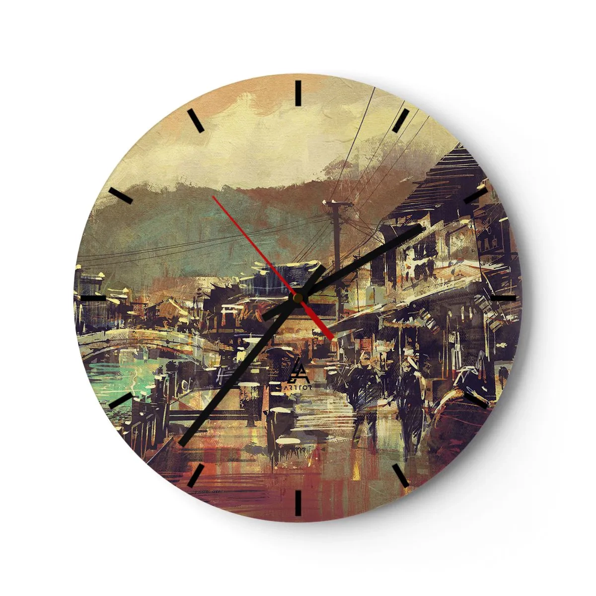 Relógio de parede - Relógio em vidro - Uma cena pictórica de rua com uma ponte e montanhas ao fundo. - 30x30cm - A vida como uma riqueza cinzenta - Decoração de parede moderna para a sala de estar, cozinha e quarto ARTTOR