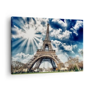 Quadro em tela - A Torre Eiffel contra um céu ensolarado com nuvens - 70x50cm - A única sob o sol - Decoração de parede moderna para a sala de estar e quarto ARTTOR