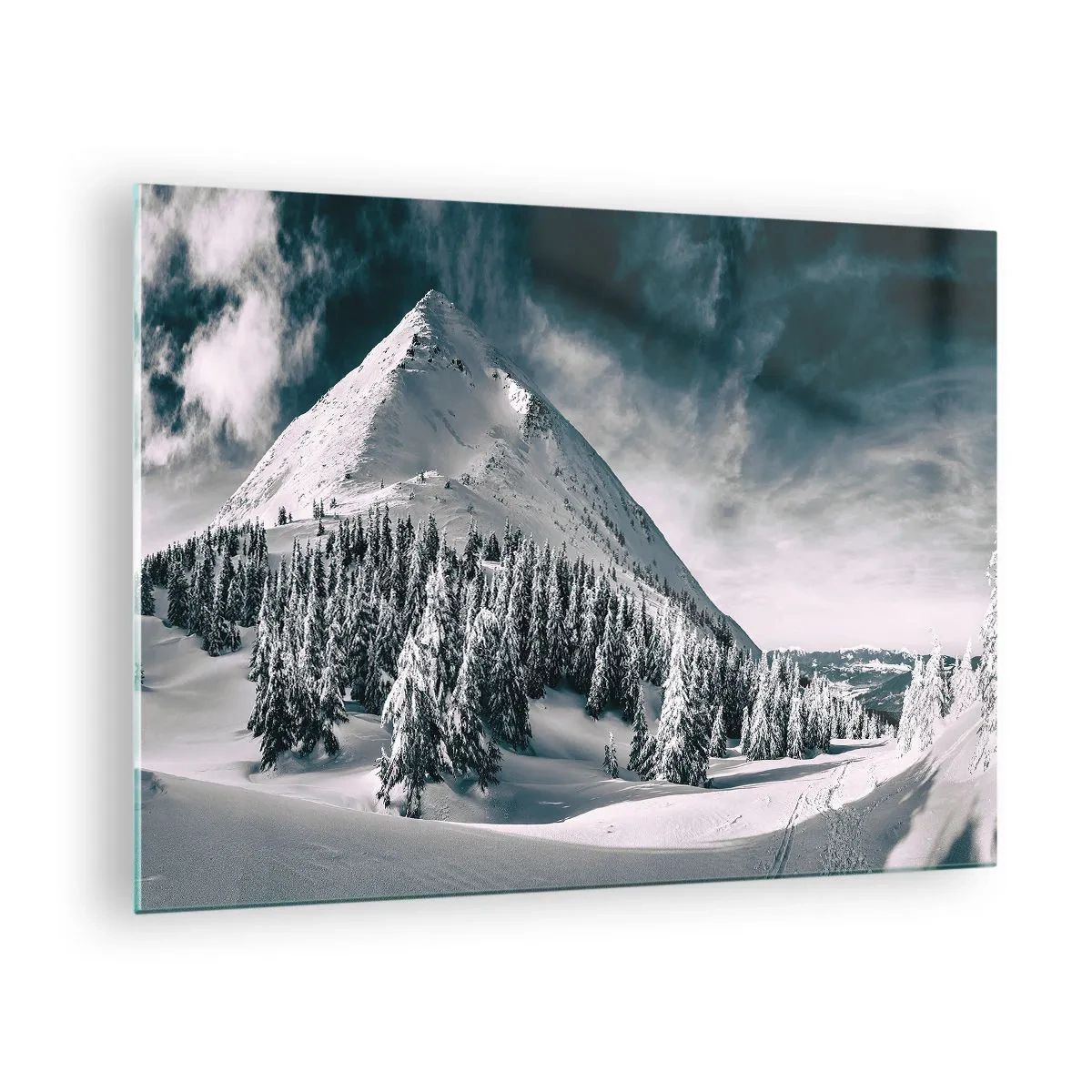 Quadro em vidro - Paisagem montanhosa de inverno com picos nevados e floresta - 70x50cm - Terra de neve e gelo - Decoração de parede moderna para a sala de estar e quarto ARTTOR