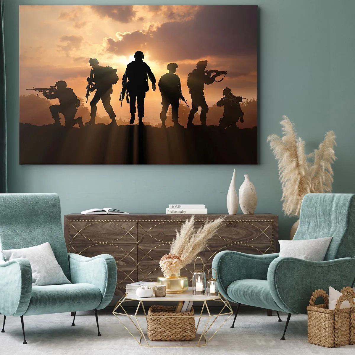 Quadro em tela - Soldados tendo como pano de fundo o pôr do sol em um cenário dinâmico - 70x50cm - Brothers in arms - Decoração de parede moderna para a sala de estar e quarto ARTTOR