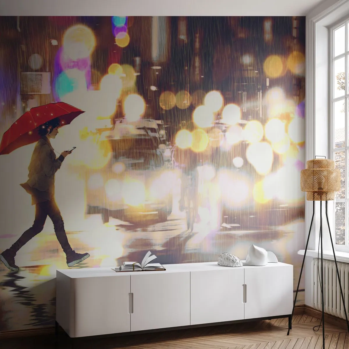 Papel de Parede Autocolante Deluxe Sticker - Apesar de tudo, ensolarado - Cidade, Caminhada na chuva, Guarda-chuva - 500x350 cm