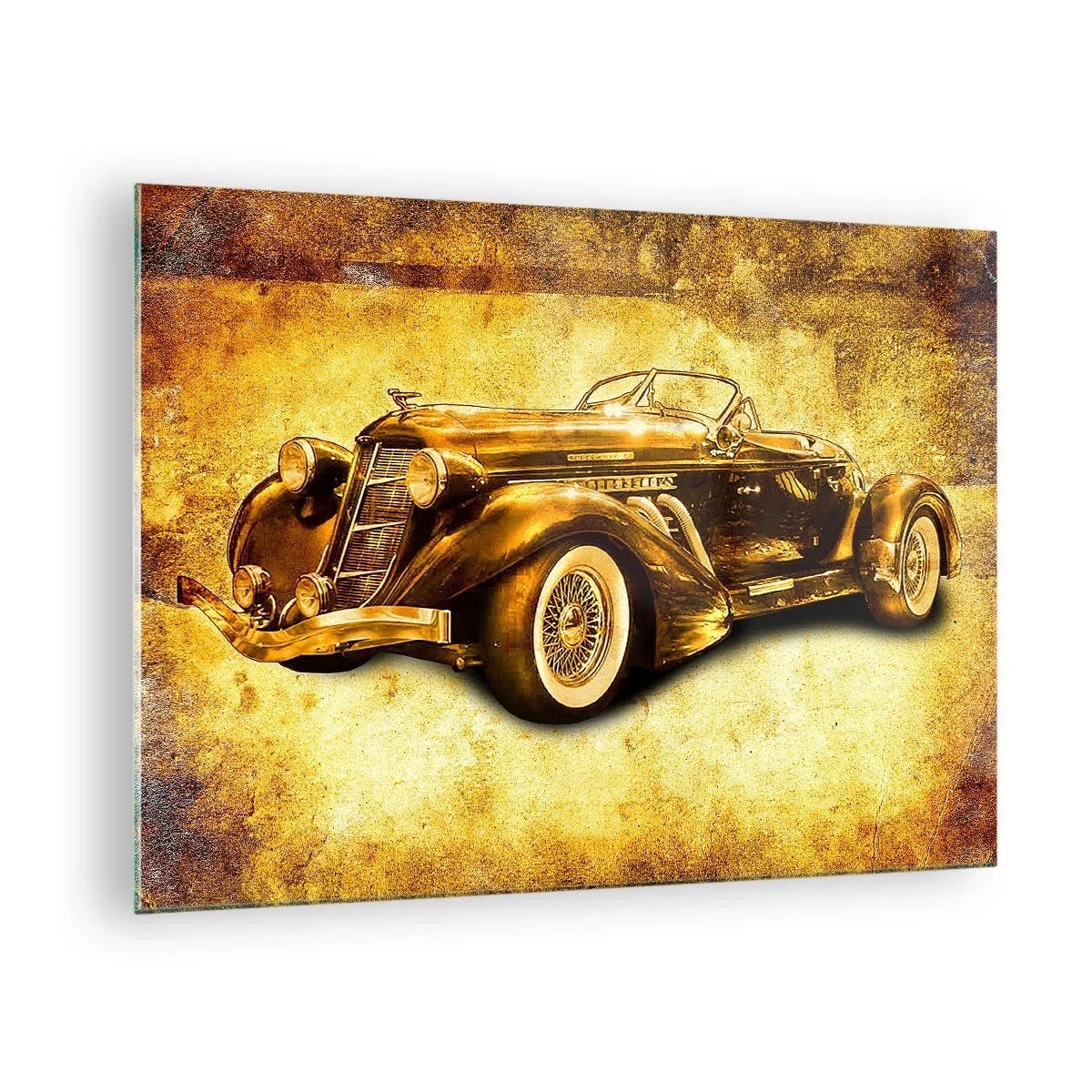 Quadro em vidro - Carro conversível antigo em um fundo vintage - 70x50cm - Elite da elite - Decoração de parede moderna para a sala de estar e quarto ARTTOR