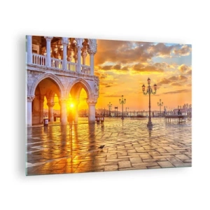 Quadro em vidro - Nascer do sol sobre as arcadas e a praça - 70x50cm - Onde está todo mundo? - Decoração de parede moderna para a sala de estar e quarto ARTTOR