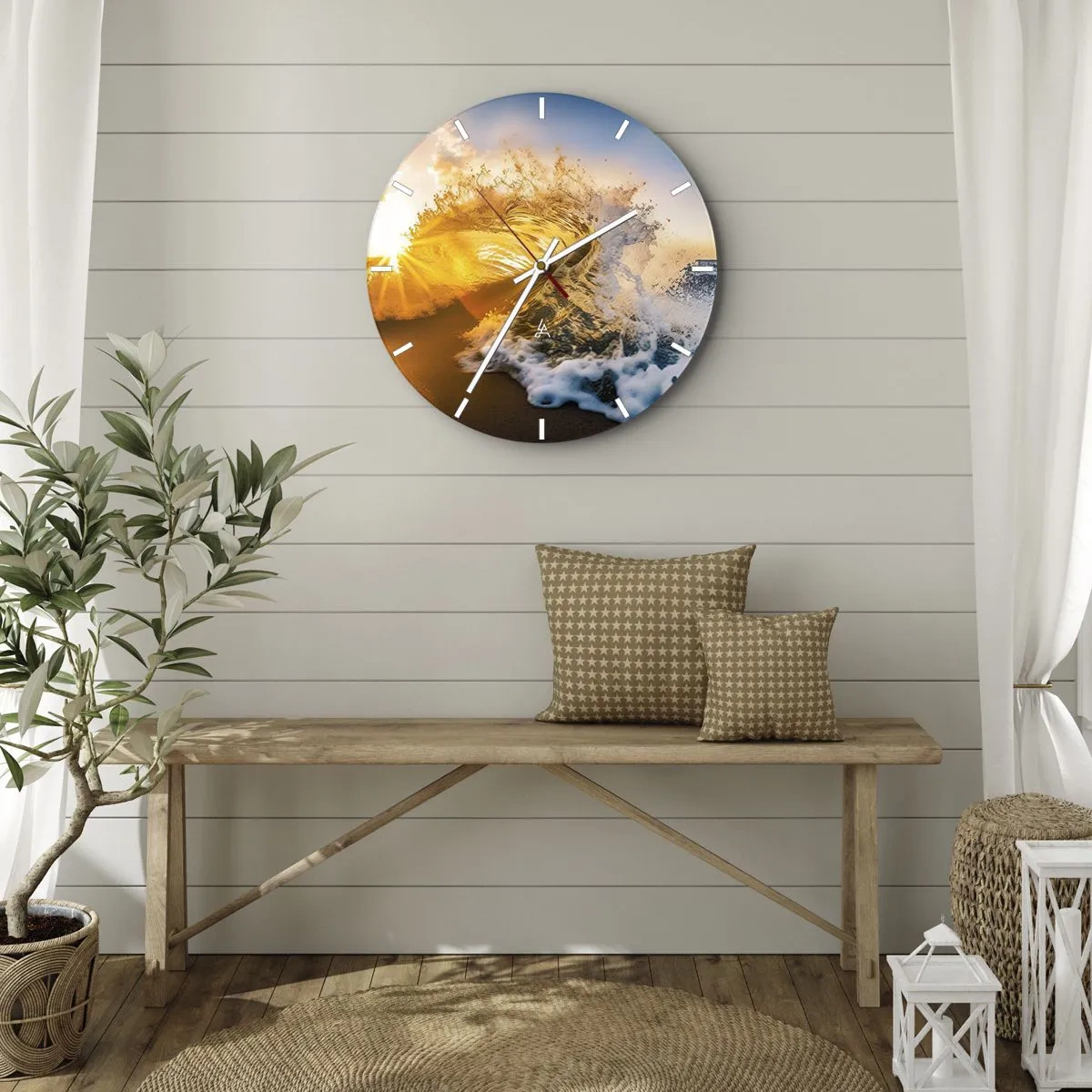 Relógio de parede - Relógio em vidro - Uma onda do mar iluminada pelos raios do sol poente - 30x30cm - Diversão na areia - Decoração de parede moderna para a sala de estar, cozinha e quarto ARTTOR