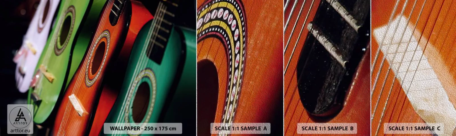 Amostra de papel de parede Premium Sand - A guitarra tem muitas cores - Música, Guitarra, Um instrumento musical - 100x30 cm