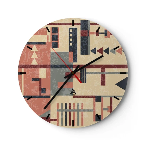 Relógio de parede - Relógio em vidro - Padrão geométrico abstrato em tons de bege, vermelho e cinza - 30x30cm - Combinação de verticais e horizontais - Decoração de parede moderna para a sala de estar, cozinha e quarto ARTTOR
