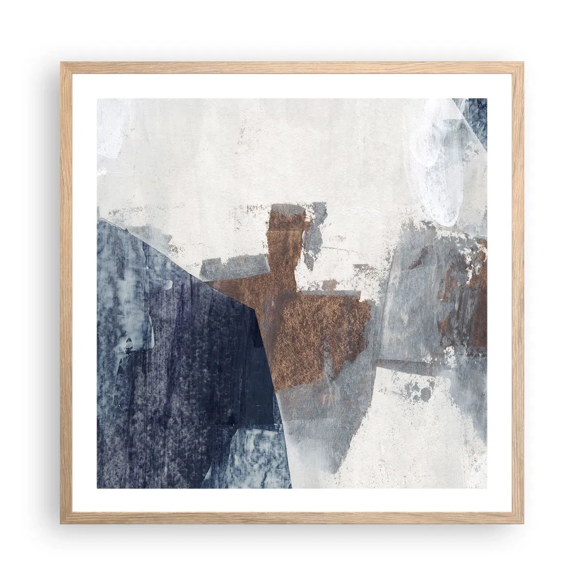 Pôster com moldura de carvalho claro - Formas azuis e marrons - 60x60 cm