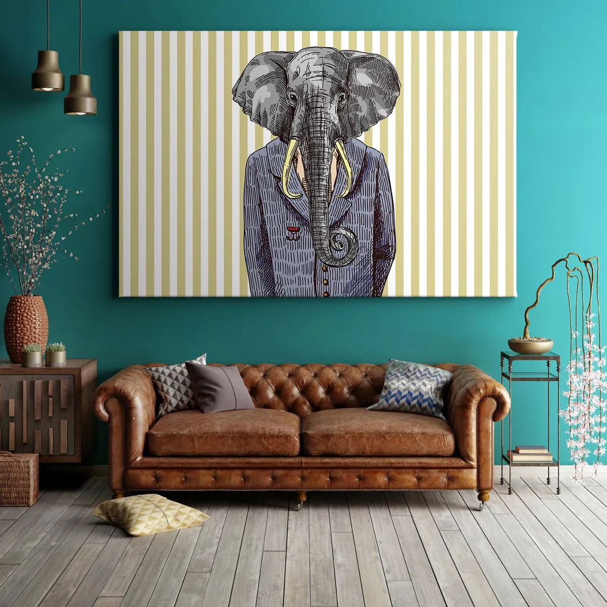 Quadro em tela - Um elefante de terno contra um fundo de listras bege - 70x50cm - Elegante por natureza - Decoração de parede moderna para a sala de estar e quarto ARTTOR