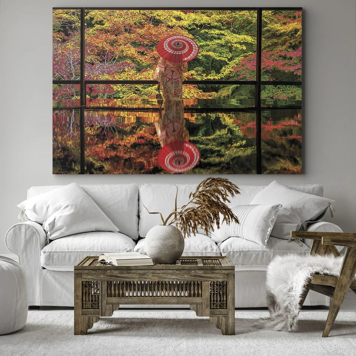 Quadro em tela - Uma mulher de quimono com um guarda-chuva tendo como pano de fundo uma paisagem de outono. - 70x50cm - No templo da natureza - Decoração de parede moderna para a sala de estar e quarto ARTTOR