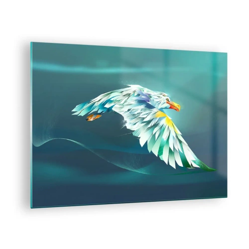 Quadro em vidro - Uma imagem abstrata de uma águia em tons de azul e branco sobre um fundo de ondas. - 70x50cm - O poder da águia - Decoração de parede moderna para a sala de estar e quarto ARTTOR