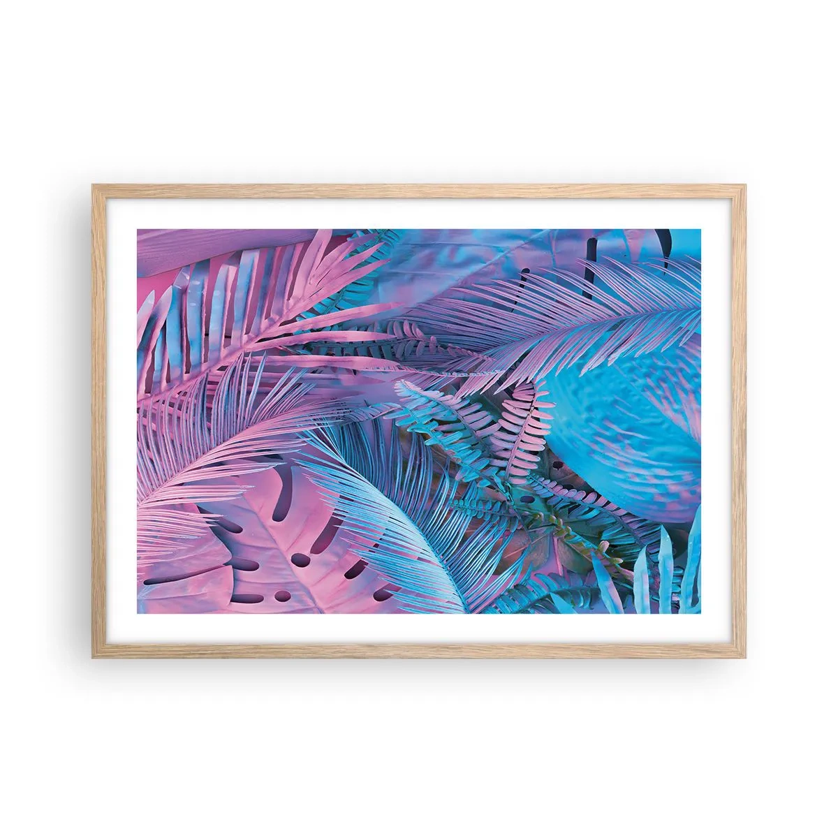 Pôster com moldura de carvalho claro - Trópicos em rosa e azul - 70x50 cm