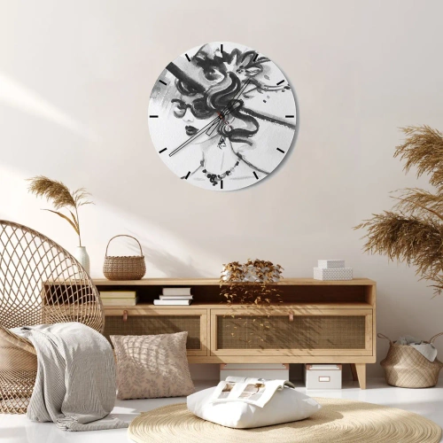 Relógio de parede - Relógio em vidro - Desenho em preto e branco de uma mulher elegante usando óculos e chapéu. - 30x30cm - Uma dama com caráter - Decoração de parede moderna para a sala de estar, cozinha e quarto ARTTOR