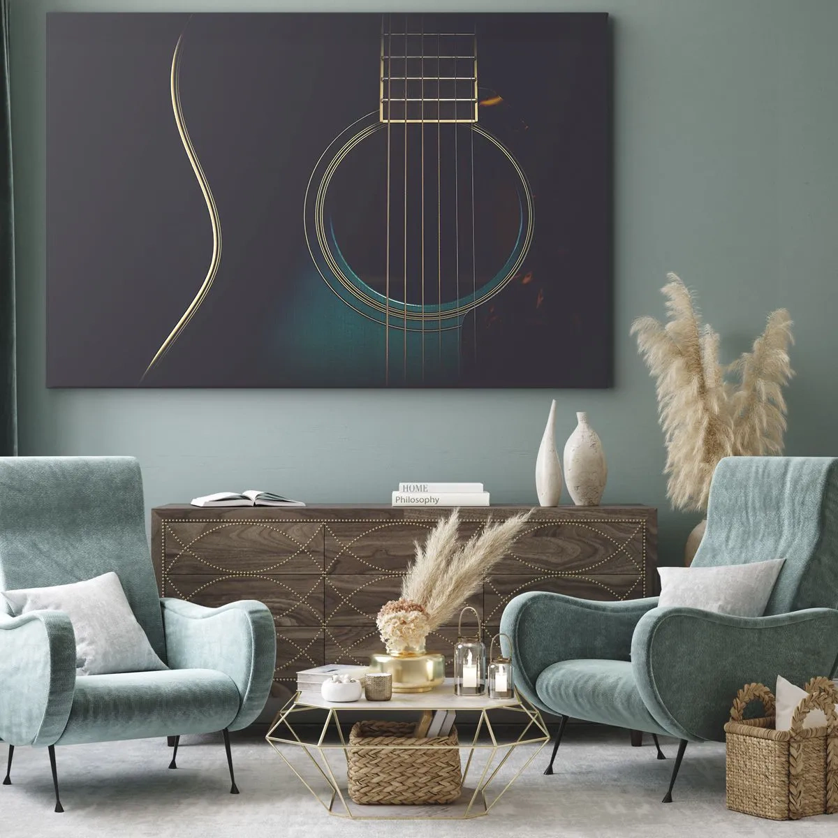 Quadro em tela - Violão acústico em luz escura e elegante - 70x50cm - Um momento antes de soar - Decoração de parede moderna para a sala de estar e quarto ARTTOR