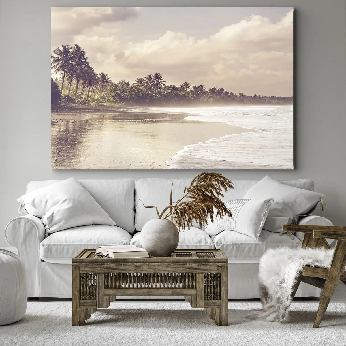 Quadro em tela - Uma praia com palmeiras e ondas suaves pela manhã - 70x50cm - Carícia das ondas - Decoração de parede moderna para a sala de estar e quarto ARTTOR
