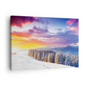 Quadro em tela - Paisagem de inverno com montanhas e floresta ao pôr do sol - 70x50cm - Em plena luz do dia - Decoração de parede moderna para a sala de estar e quarto ARTTOR