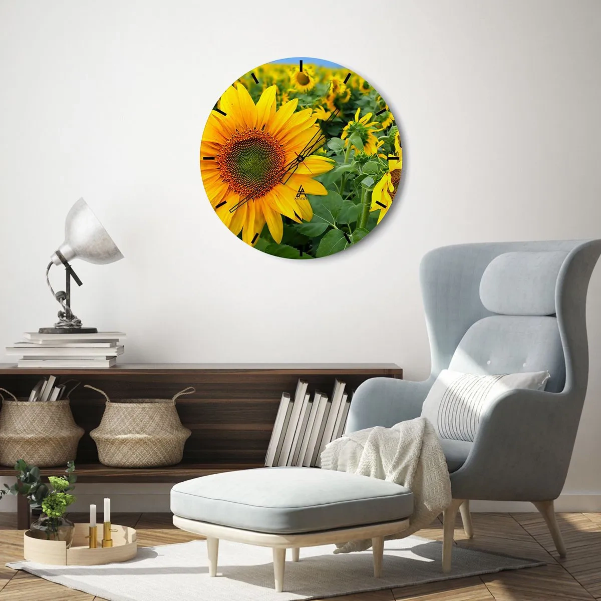 Relógio de parede - Relógio em vidro - Um campo de girassóis em um dia ensolarado - 30x30cm - Centenas de sóis brilharam - Decoração de parede moderna para a sala de estar, cozinha e quarto ARTTOR