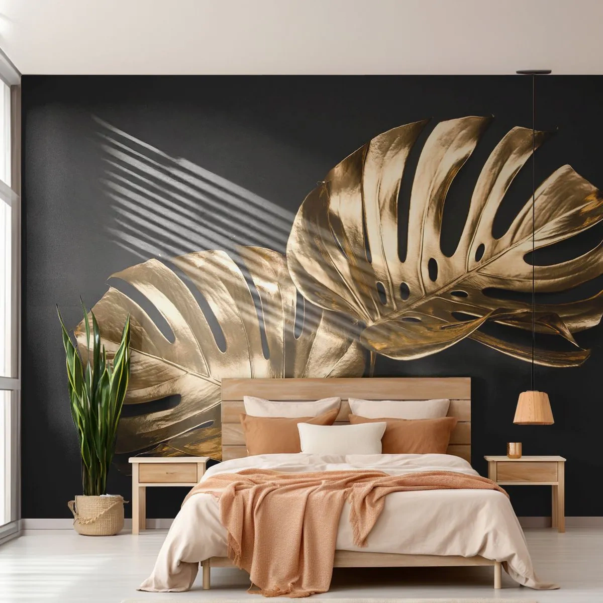Papel de Parede Premium Sand - Tesouros da natureza - Abstração, Folhas douradas, Folha de monstro - 100x70 cm