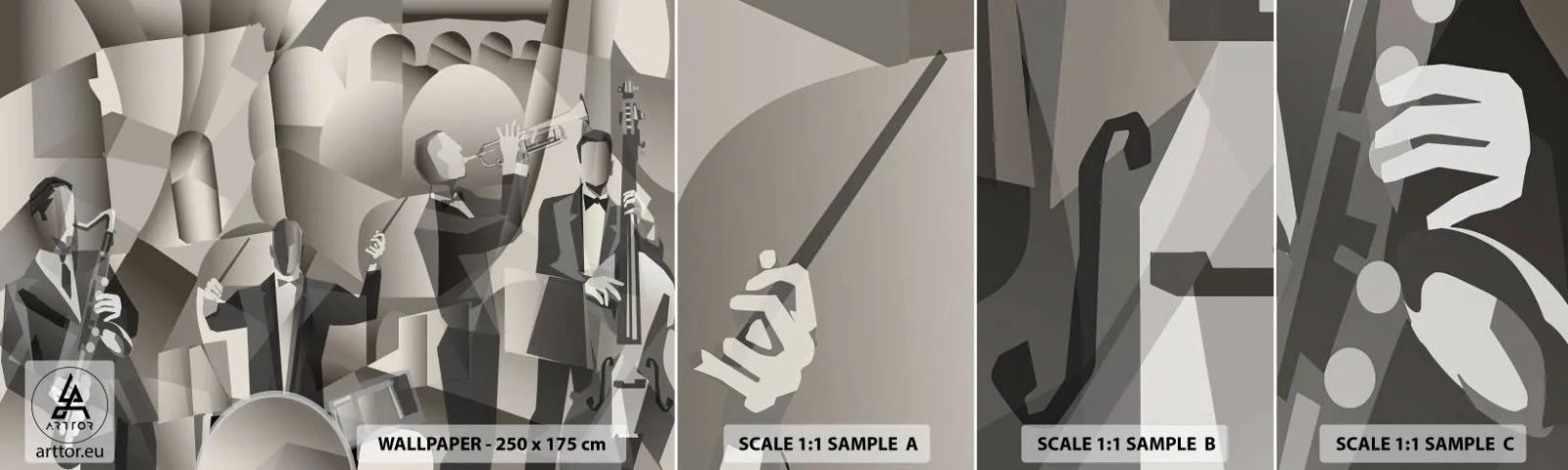 Amostra de papel de parede autocolante Deluxe Sticker - No espaço dos sons - Abstração, Banda, Jazz - 100x30 cm