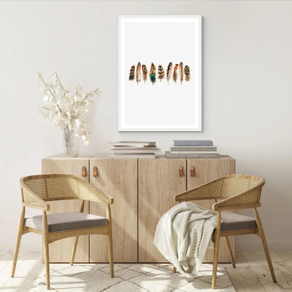 Pôster em moldura branca - Variações de penas - 61x91 cm