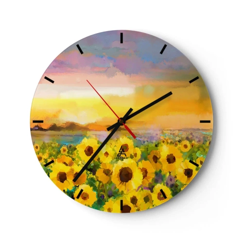 Relógio de parede - Relógio em vidro - Um campo de girassóis sob o brilho do pôr do sol - 30x30cm - O próprio sol desceu à terra - Decoração de parede moderna para a sala de estar, cozinha e quarto ARTTOR