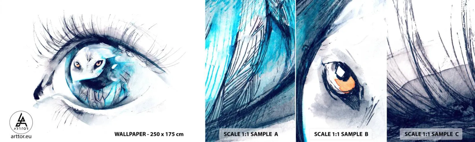 Amostra de Papel de Parede Standard Eco - Cara a cara com o selvagem - Abstração, Olho, Coruja - 100x30 cm