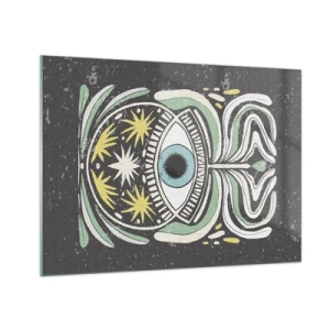 Quadro em vidro - Olho gráfico com ornamentação tribal em fundo escuro - 70x50cm - Rituais tribais - Decoração de parede moderna para a sala de estar e quarto ARTTOR