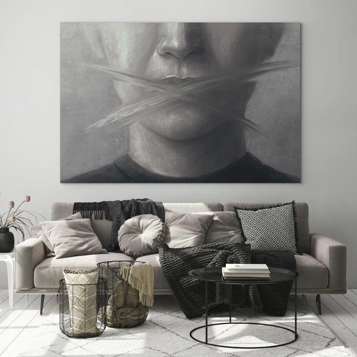 Quadro em vidro - Retrato de uma pessoa com lábios borrados em tons de cinza - 70x50cm - Nem uma palavra - Decoração de parede moderna para a sala de estar e quarto ARTTOR