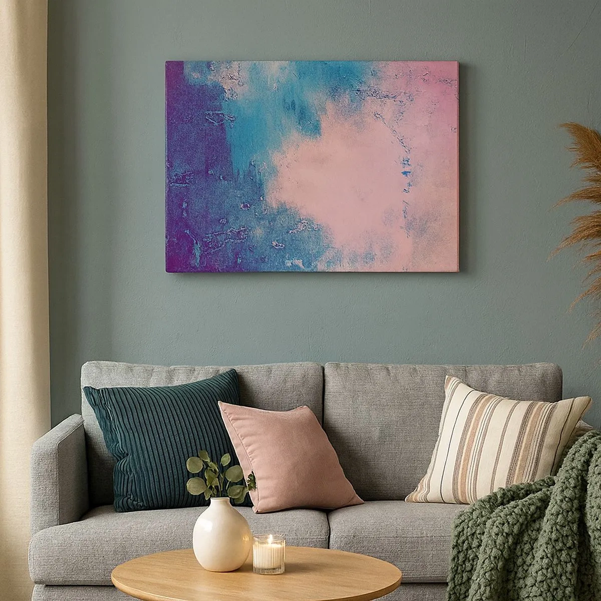 Quadro em tela - Textura abstrata em tons de rosa e azul - 70x50cm - Abraço azul - Decoração de parede moderna para a sala de estar e quarto ARTTOR