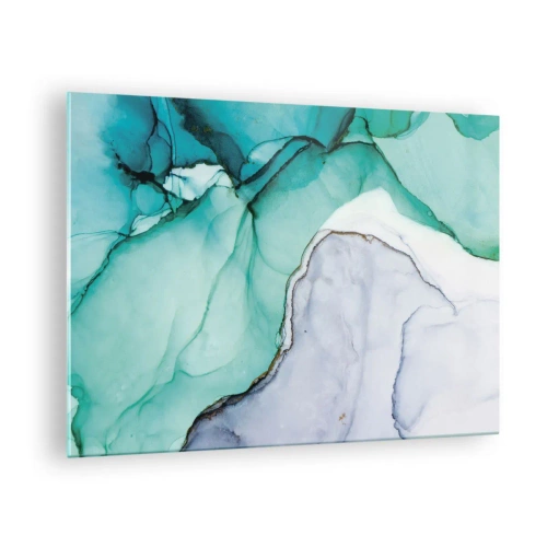 Quadro em vidro - Uma pintura abstrata em tons de turquesa e branco, com delicadas rachaduras. - 70x50cm - Estudo em turquesa - Decoração de parede moderna para a sala de estar e quarto ARTTOR