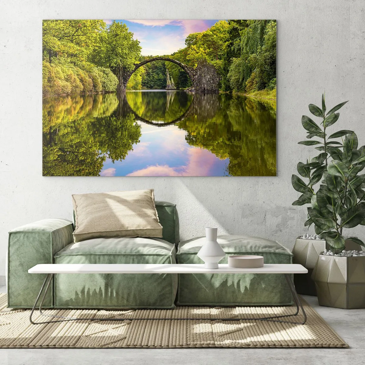 Quadro em vidro - Uma ponte de pedra refletida na superfície calma do lago - 70x50cm - Na junção de dois mundos - Decoração de parede moderna para a sala de estar e quarto ARTTOR
