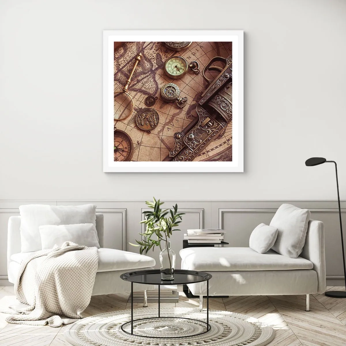 Pôster em moldura branca - A aventura nos chama - 40x40 cm