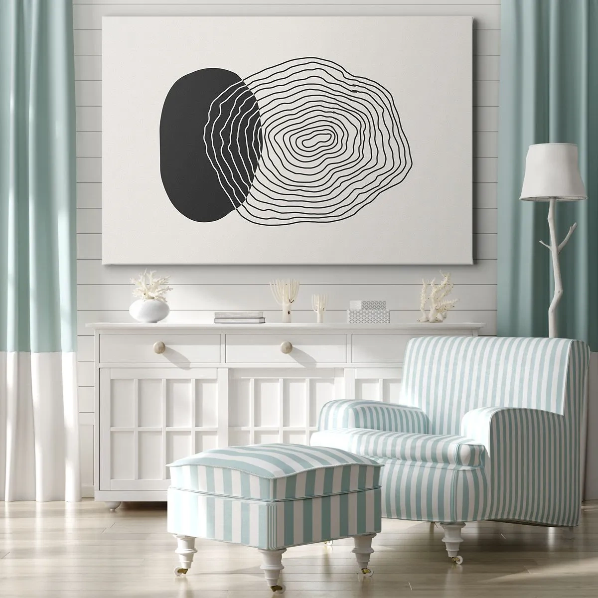 Quadro em tela - Padrão abstrato com linhas e formas em preto e branco - 70x50cm - Duração e vibração - Decoração de parede moderna para a sala de estar e quarto ARTTOR