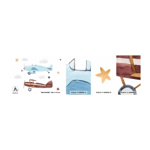 Amostra de papel de parede autocolante Deluxe Sticker - Sr. Piloto, estamos a aguardar! - Aviões, Retrô, Infantil - 100x30 cm