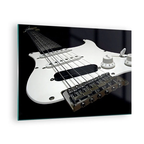 Quadro em vidro - Close-up de uma guitarra elétrica branca contra um fundo escuro - 70x50cm - Som oculto no branco - Decoração de parede moderna para a sala de estar e quarto ARTTOR